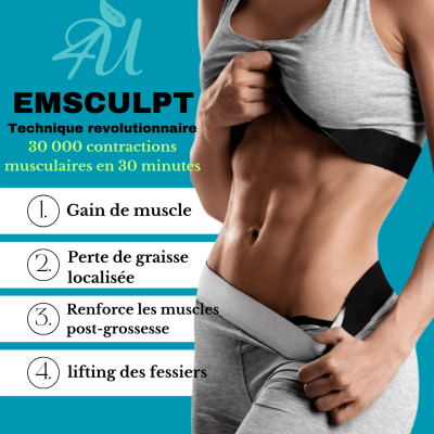 emsculpt-gain-muscle-bienfaits Femme musclée montrant les résultats du traitement EMSCULPT : gain de muscle, perte de graisse localisée, lifting des fessiers.