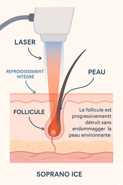 schema-epilation-laser-soprano-ice-fonctionnement-agadir-marrakech Schéma explicatif du fonctionnement de l’épilation laser Soprano Ice montrant comment le laser cible le follicule pileux sans abîmer la peau, utilisé dans les centres Beauty Center For You à Agadir et Marrakech.